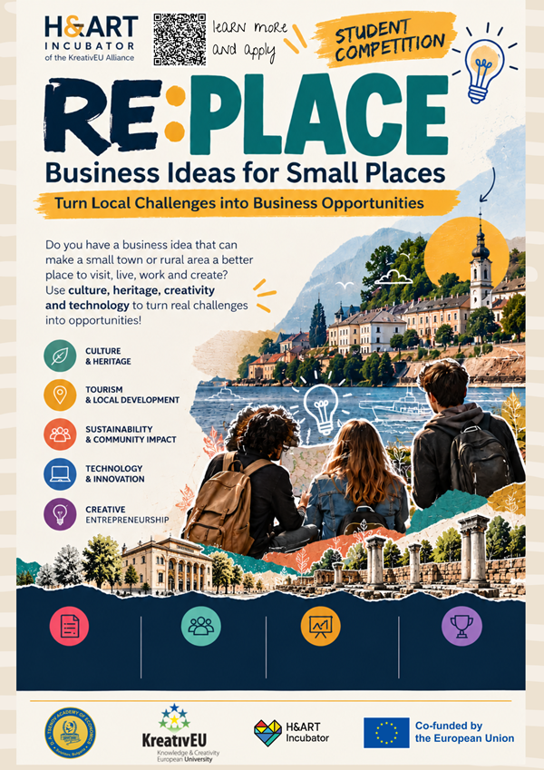 Promotional poster for the RE:PLACE student competition inviting the development of business ideas for small places with a focus on culture heritage and innovation
